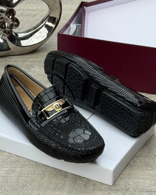 Mens Black Crocodile Embossed Leather Driver Loafers