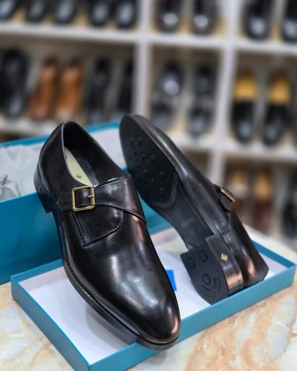 Mens Black Glossy Leather Single Monk Strap Dress Shoes