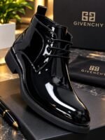 Mens Black Glossy Patent Leather Ankle Boots