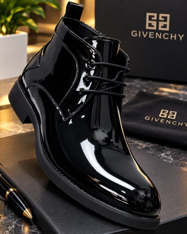 Mens Black Glossy Patent Leather Ankle Boots