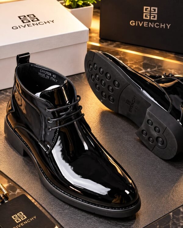 Mens Black Glossy Patent Leather Ankle Boots