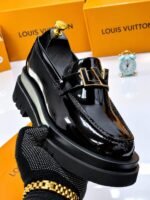 Mens Black Glossy Platform Loafers With Gold LV Strap