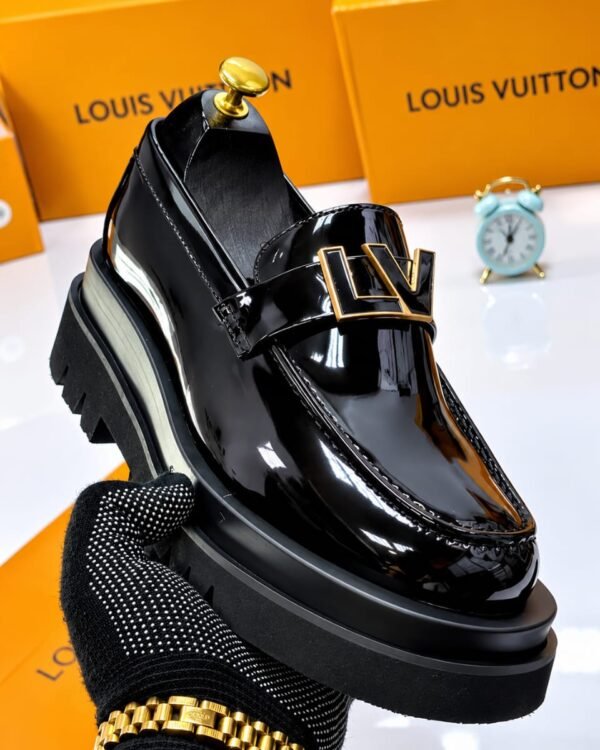 Mens Black Glossy Platform Loafers With Gold LV Strap