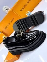 Mens Black Glossy Platform Loafers With Gold LV Strap