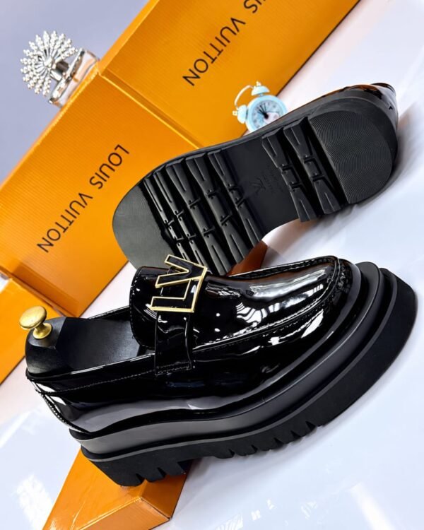 Mens Black Glossy Platform Loafers With Gold LV Strap