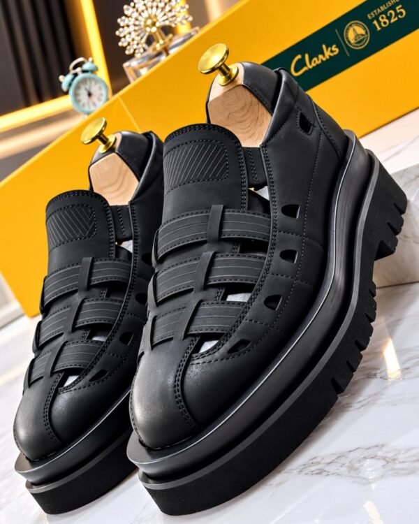 Mens Black Leather Cutout Chunky Sole Fisherman Sandals