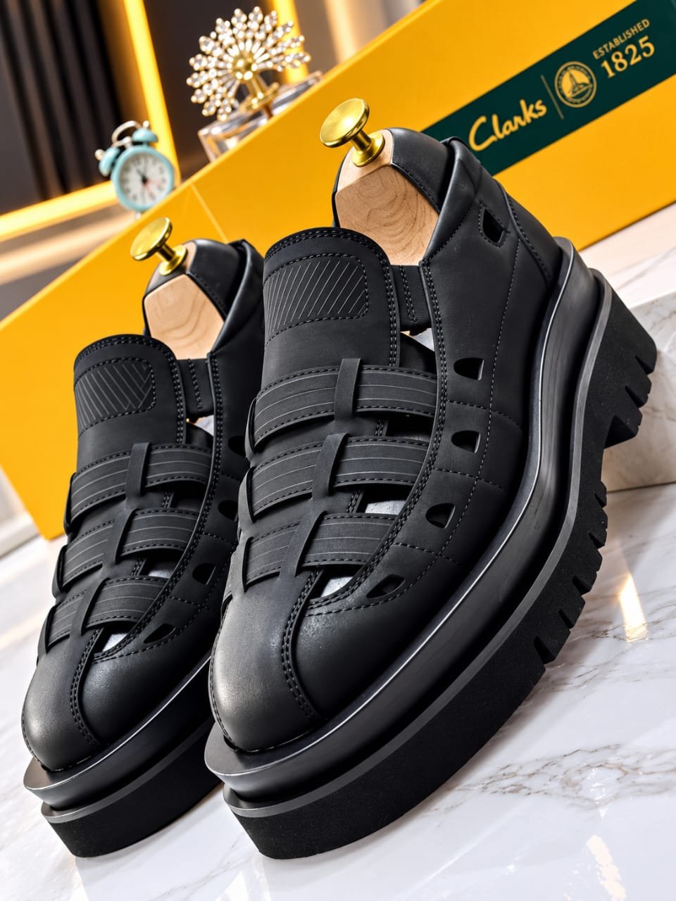 Mens Black Leather Cutout Chunky Sole Fisherman Sandals Mens Black Leather Cutout Chunky Sole Fisherman Sandals