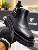 Mens Black Leather Platform Brogue Chelsea Boots