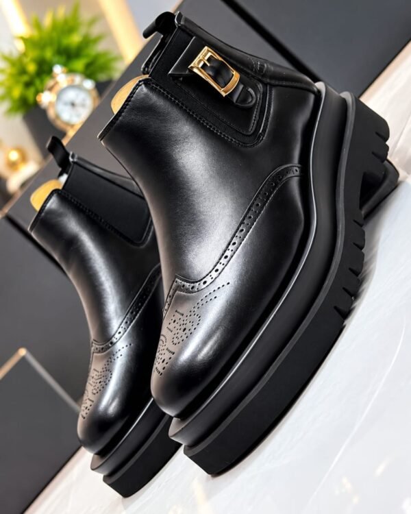 Mens Black Leather Platform Brogue Chelsea Boots