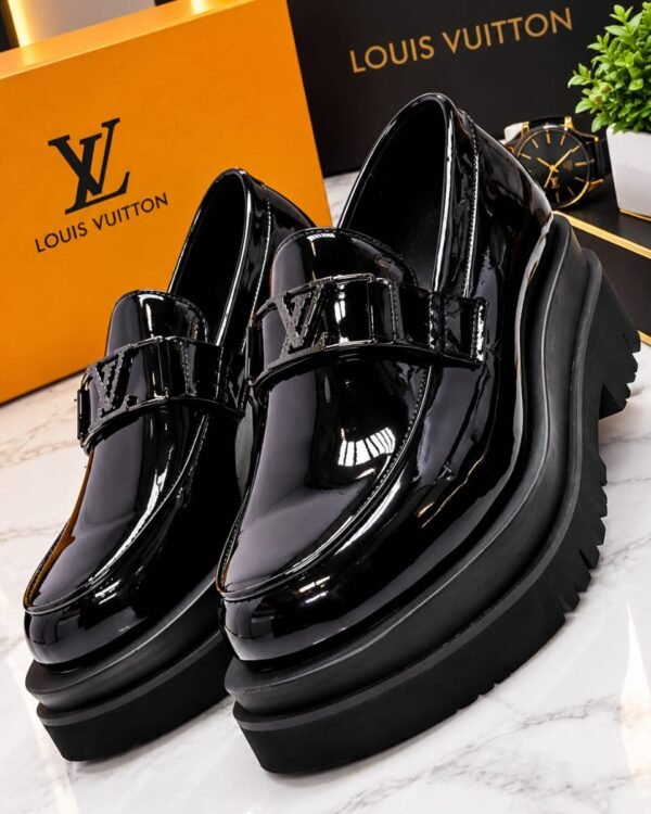 Mens Black Louis Vuitton Glossy Patent Leather Platform Loafers