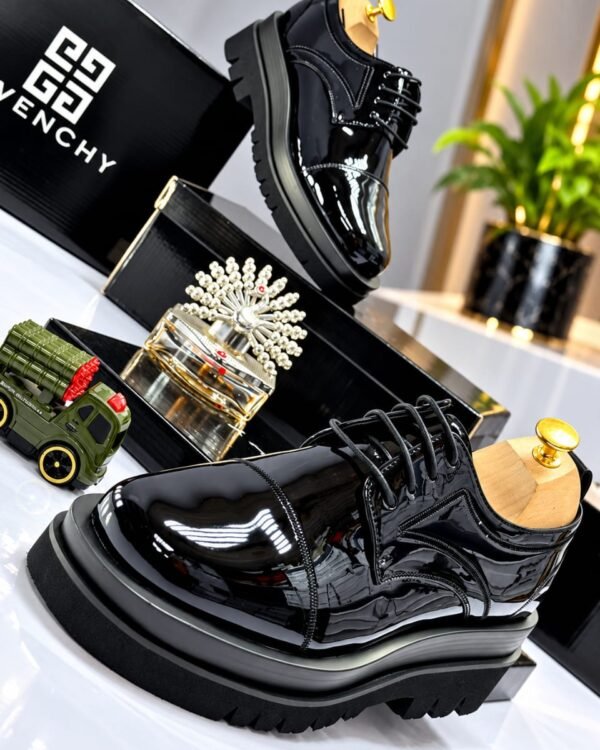 Mens Black Patent Leather Chunky Derby Lace Up Shoes