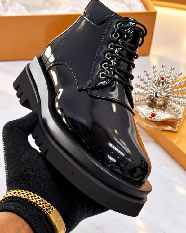 Mens Black Patent Leather Chunky Lace Up Ankle Boots