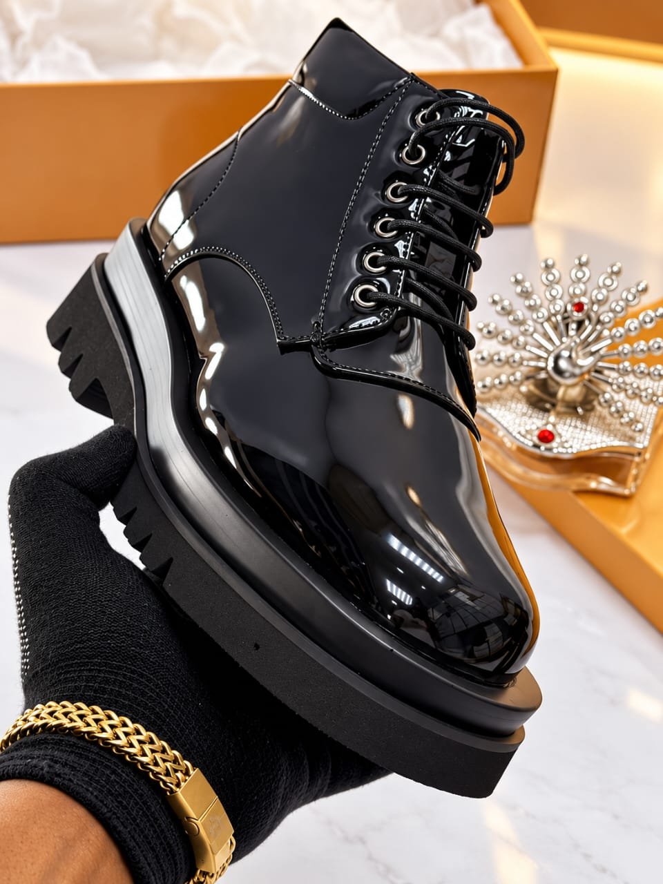 Mens Black Patent Leather Chunky Lace Up Ankle Boots Mens Black Patent Leather Chunky Lace Up Ankle Boots
