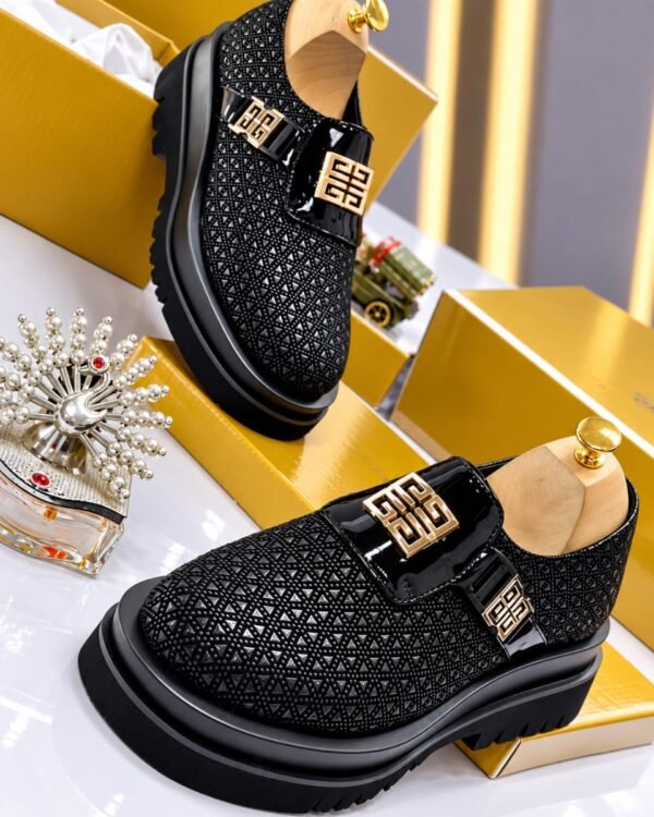 Mens Black Textured Leather Loafers With Gold Tone Emblem Strap
