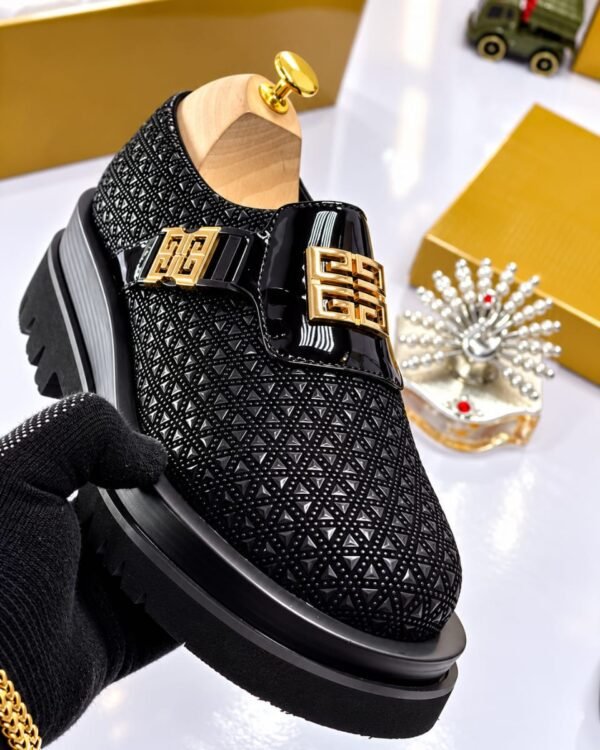 Mens Black Textured Leather Loafers With Gold Tone Emblem Strap