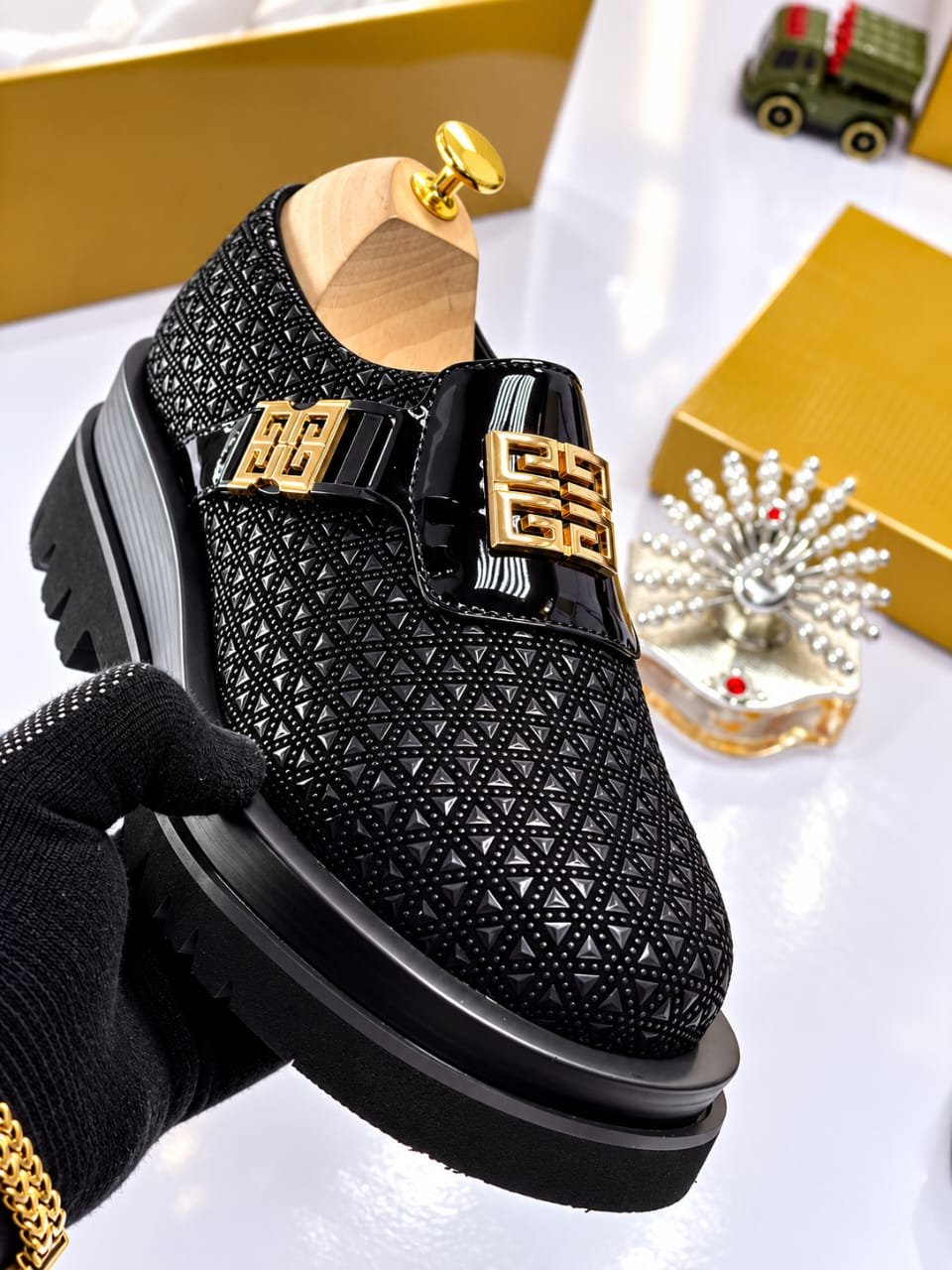 Mens Black Textured Leather Loafers With Gold Tone Emblem Strap Mens Black Textured Leather Loafers With Gold Tone Emblem Strap