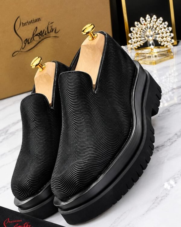 Mens Black Textured Slip On Platform Loafers