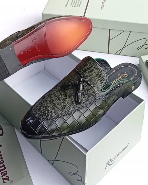 Mens Dark Green Black Checkered Bit Half Shoes