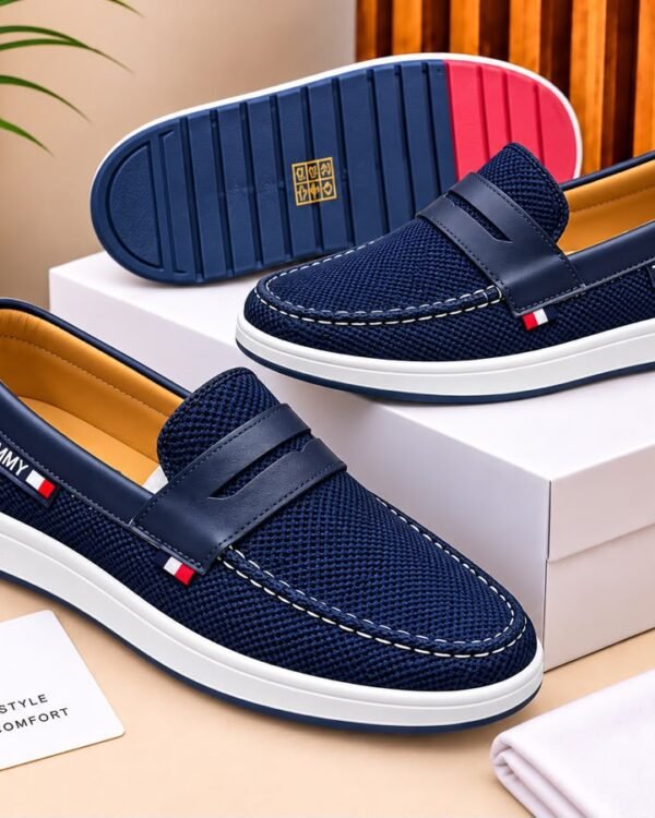 Mens Navy Blue Mesh Penny Loafers