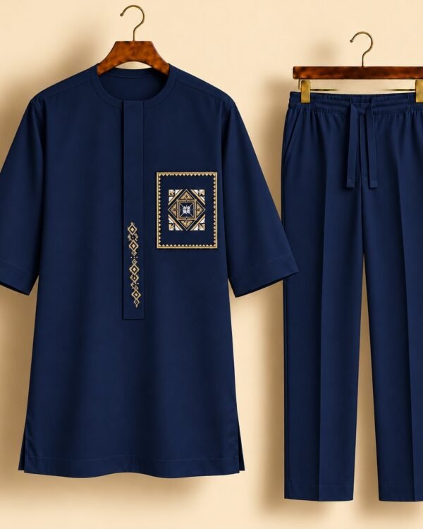 Navy Blue Geometric Embroidered Senator Suit