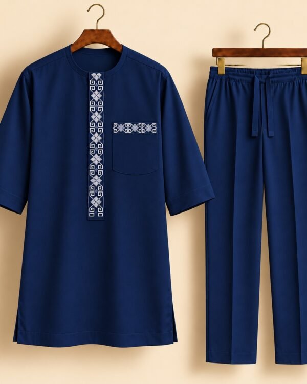 Navy Blue White Geometric Embroidered Senator Suit