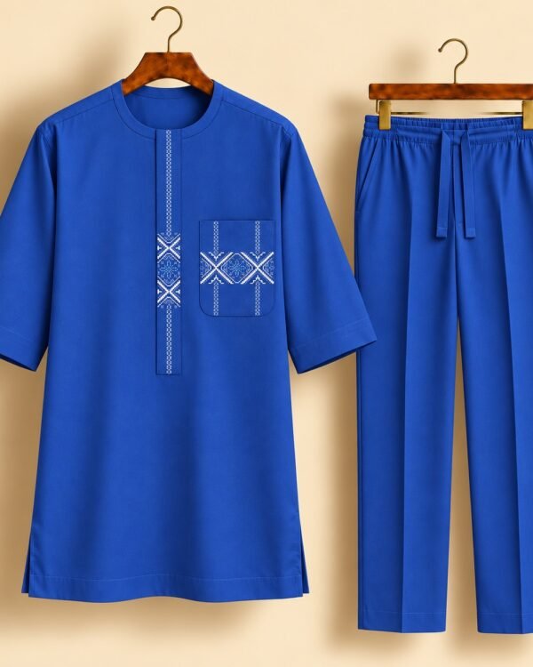 Royal Blue White Geometric Embroidered Senator Suit