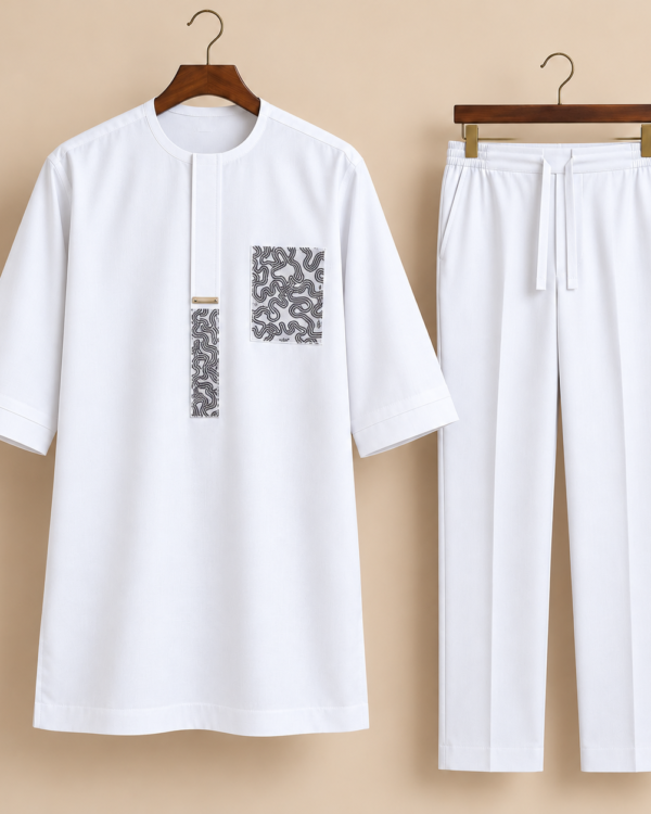 White Abstract Pattern Embroidered Senator Suit