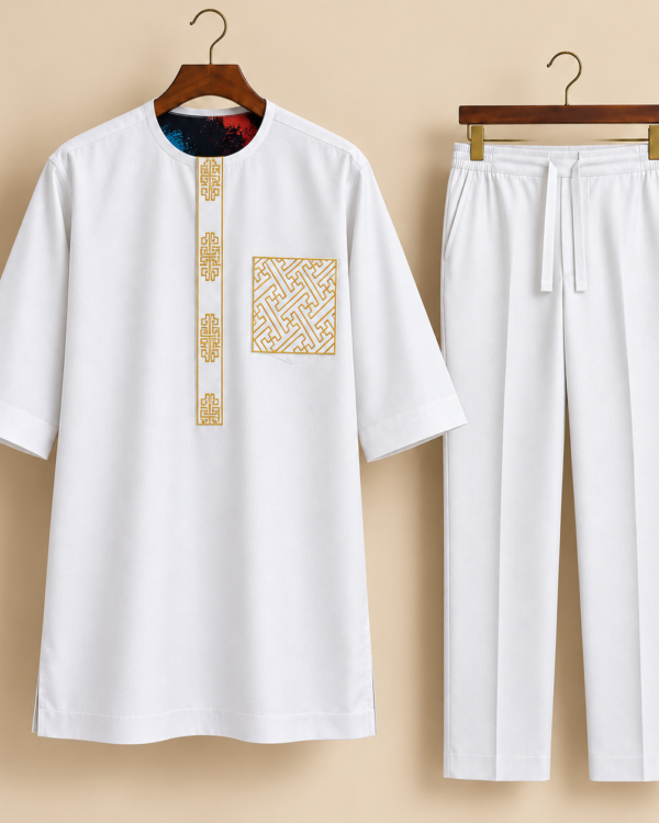 White Senator Set with Gold Maze Embroidery