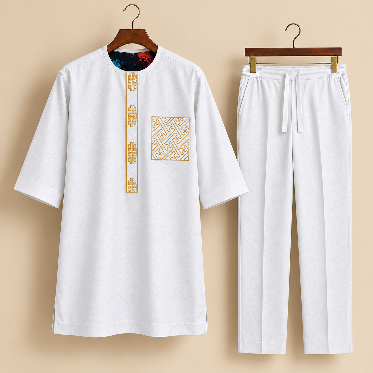 White Senator Set with Gold Maze Embroidery White Senator Set with Gold Maze Embroidery