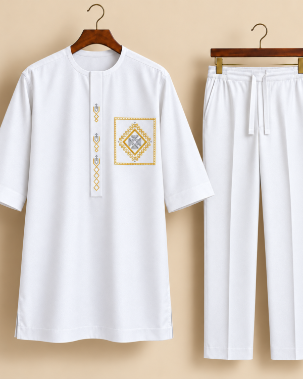 White Senator ensemble on wooden hangers
